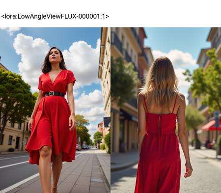 xyz_grid-0004-37254329-close-up of a woman walking on a street, she is wearing a red dress, background is buildings and trees and sunny sky with clouds.png